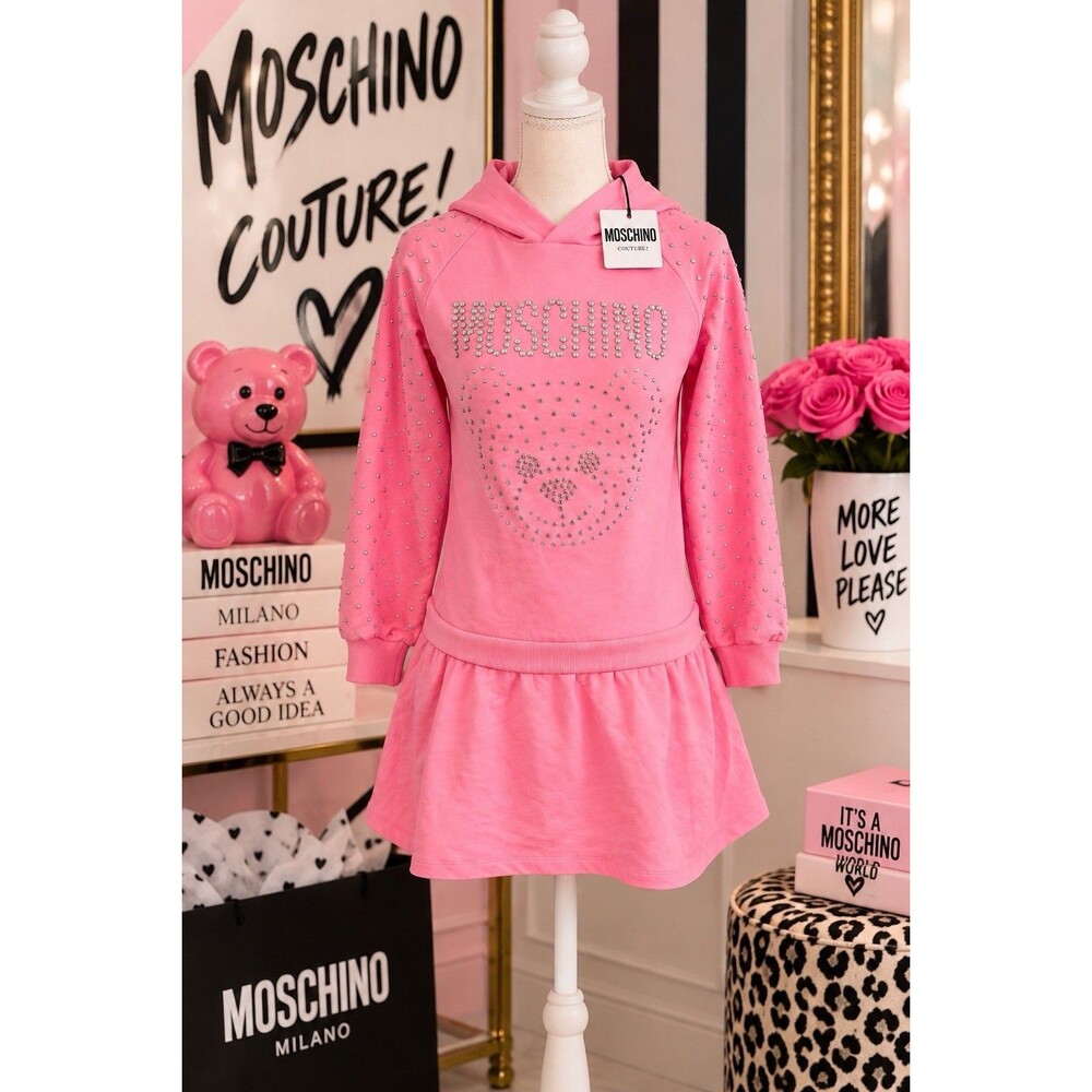 Moschino Kids Pink Rhinestone Hoodie Dress Girls Size 10Y 140 NWT Crystal Logo